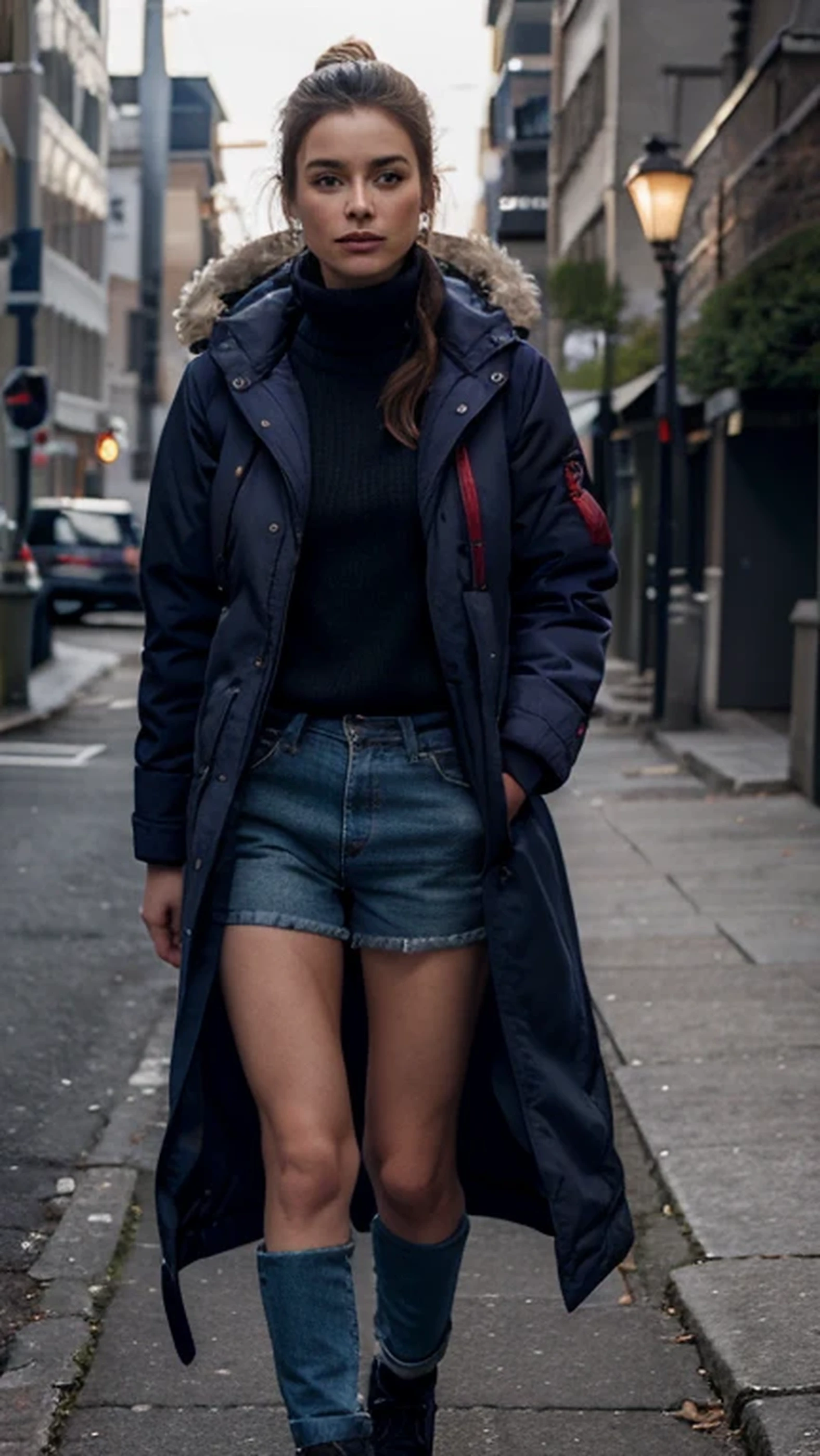 a parka jacket, long and padded, in navy blue with red veins, athletic, outdoor, fashionable, warm, comfortable, high quality, detailed, realistic, 8k, photorealistic