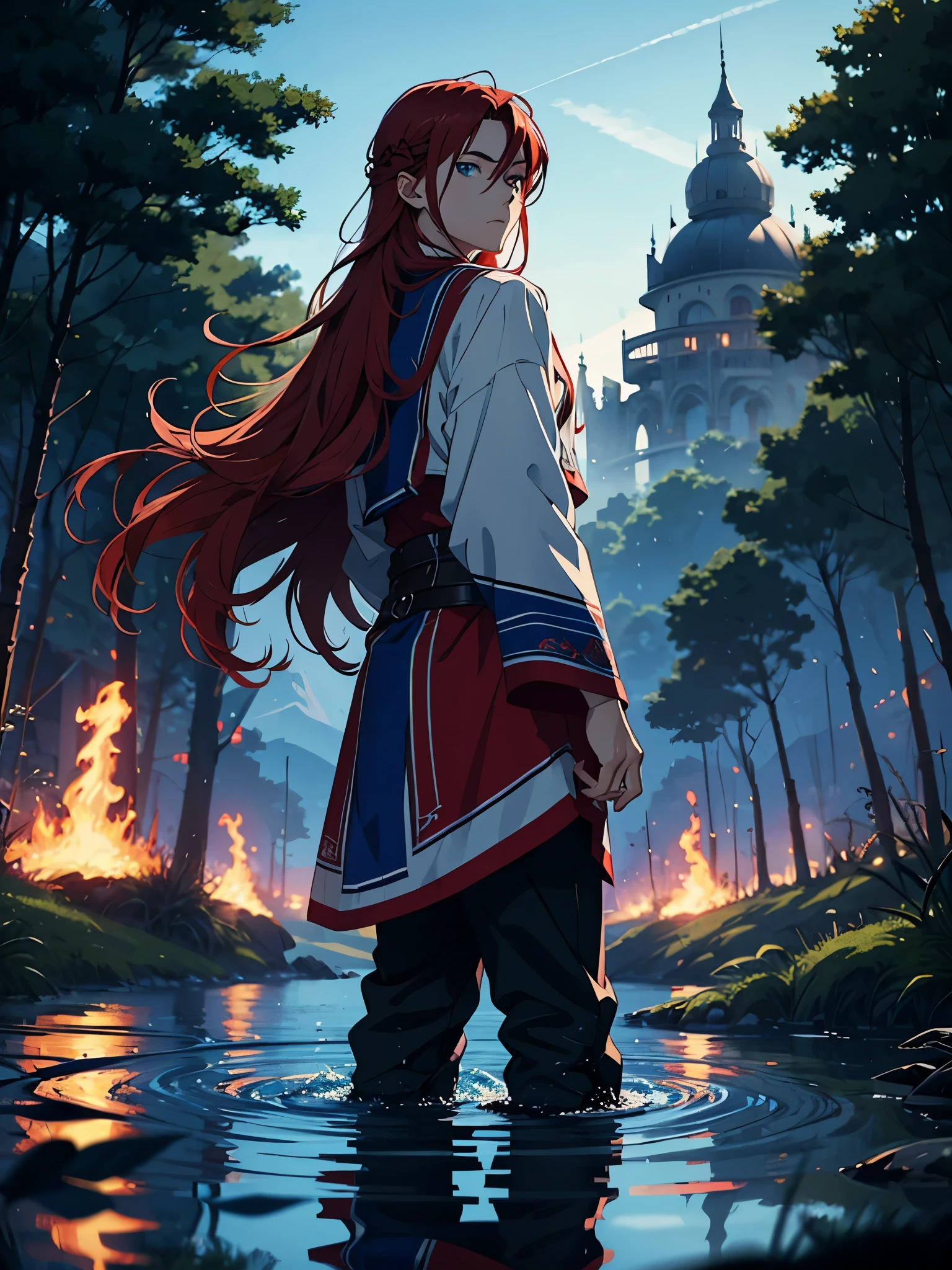 Blue fire. blue flames. 2d. flatter. anime style. Viking clothing. soft. More anime. Standing in a lake. More anime. More 2d. Clean. More anime. 2d. Glow. Red hair. More anime. male. Long hair. long red hair. boy, vikings. red hair. Blue eyes. fire.
