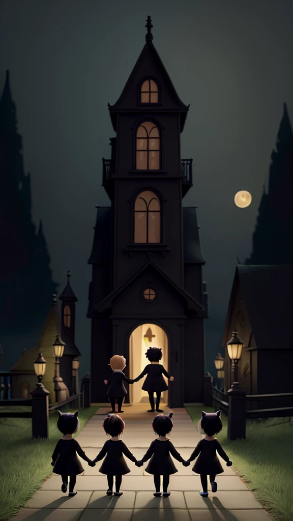 Three curious children, holding hands, following the black cat Sheru as it sneaks towards the spooky mansion."
