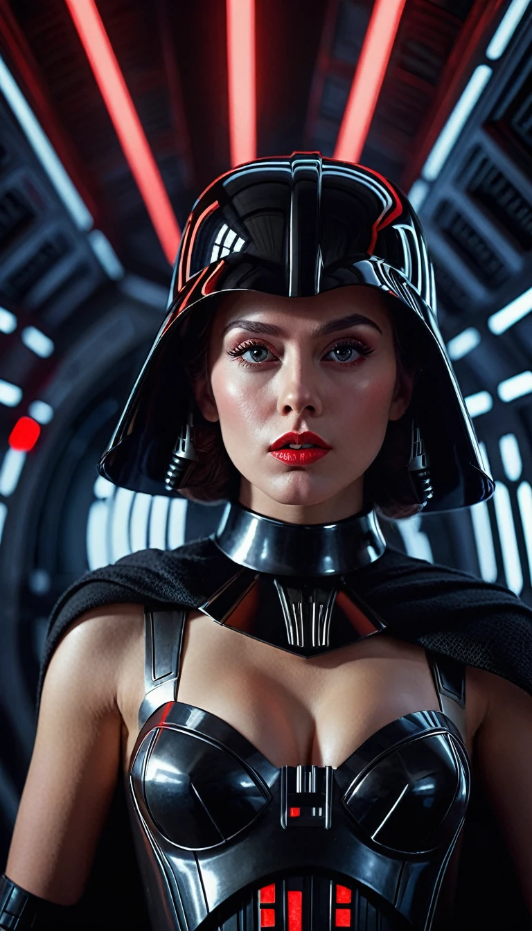 a cinematic star wars scene darth vader but as female charakter natural breasts, topless, naked , intricate detailed face, beautiful detailed eyes, beautiful detailed lips, extremely detailed face and eyes, long eyelashes, red glowing light sabber, detailed portrait, photorealistic, inside a space vessel , full body shoot, dramatic lighting, intricate armor and details, dynamic attack fithing pose, full body shot, cinematic composition, hyper-realistic, moody color palette, dramatic lighting and shadows, intricate details, masterpiece