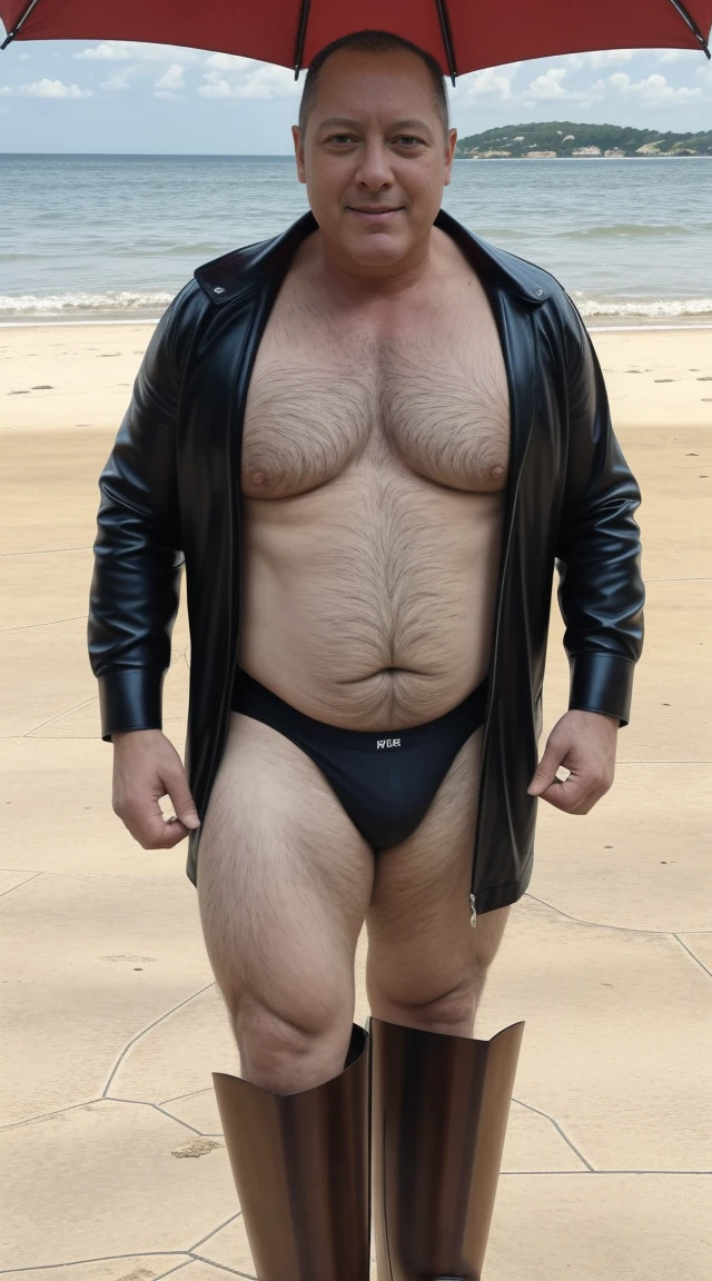 Uncle James Spader (Raymond Reddington Face), male people, He was about 64 years old, Height of Europeans, Rough and handsome looks, musculature, bodybuilder muscles, Oversized pectoral muscleare, Chest hair, ((naked not wearing any clothes)), Next to the sea, ((red underwear)), (((lora:boots03:1 ))),((( wearing boots are fitted to the shape legs))), ((brown-gloss boots)), smile, (musculous:1.5), (Obese:1.5), (Gray hair:1.5 ), (Gray body hair:1.5), (Skin Wrinkles:1.5), (gloss on the skin:0.5), natural light, ((FULL-body )), Best quality, Masterpiece, retina ,(((rainy day))), ((walking on the beach))