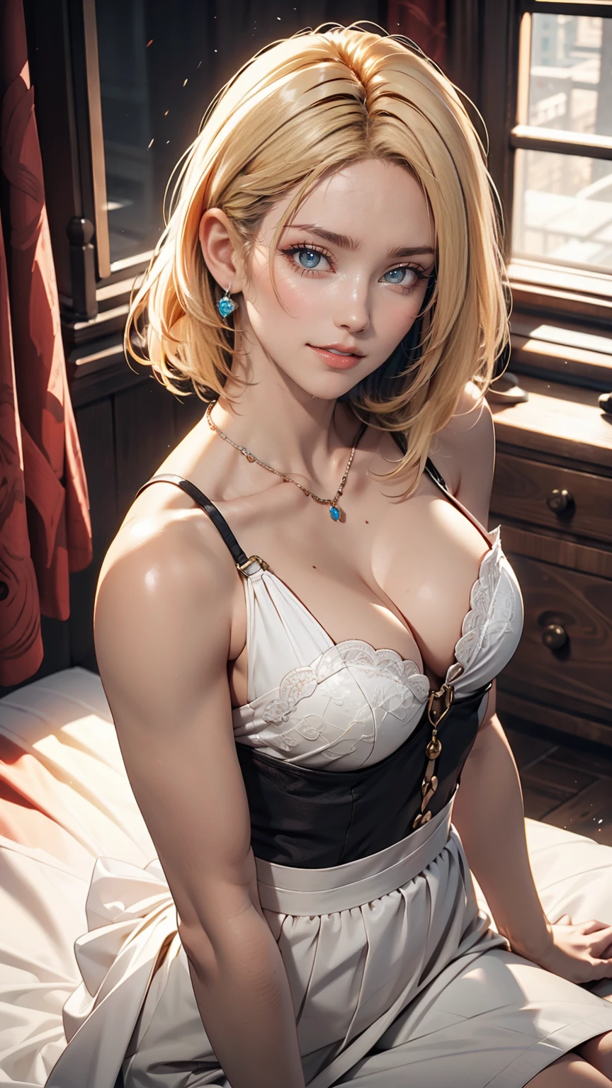 Highest quality、masterpiece、Ultra-high resolution、Chest is sideways、A 23-year-old Caucasian woman of unparalleled beauty.、blue eyes、Platinum Blonde、Iの髪はウェーブしています、I set my hair with a ribbon、A slim yet well-proportioned model figure、The sun shines from above、Photorealistic images、8K quality、I don'I don't want my head to disappear from the screen..、Wear accessories on your wrist、necklace、Earrings、Wearing a belly jacket、Wear a tight skirt、Wearing high heels、I'On the rooftop of a 200m high-rise building, her skirt and hair are blowing in the wind.、smile、My heart is pounding、Lean on the railing