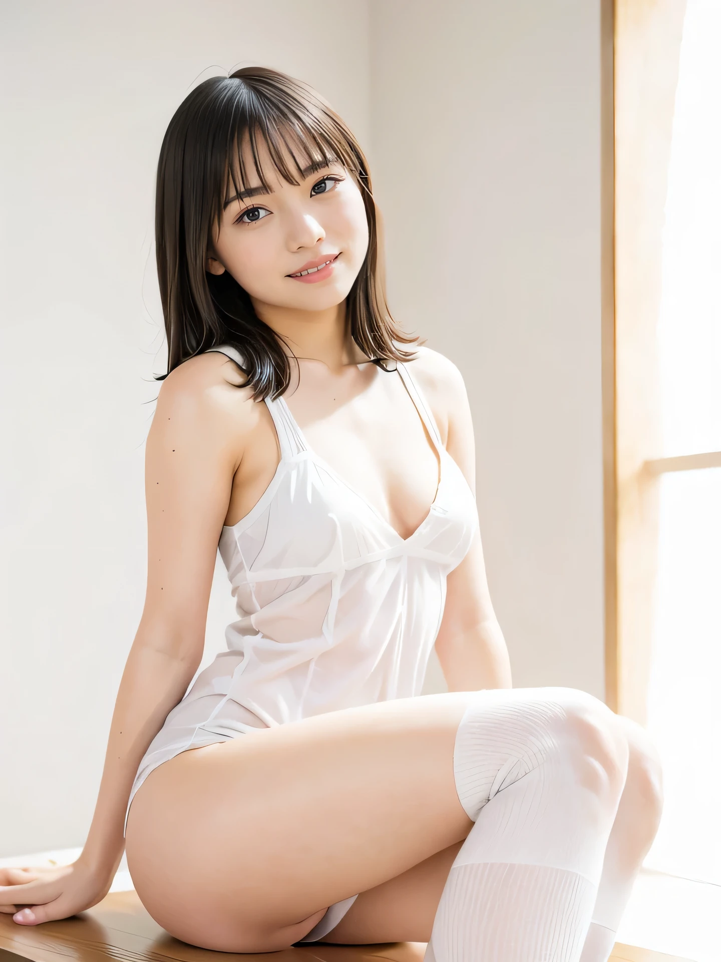 lingerie, thigh-highs, 1girl, 25 years old woman, (((I can see your thighs))), ((Hands behind the body)), ((I can see your feet)), cute face, beautiful face, perfectly detailed face, Lingerie, (looking at viewer), Simple Background, ((white background)), ((white wallpaper)), Sexy pose, Whole body, The whole body is visible, Slim figure, smile, Indoor, photorealistic, (bokeh), feet out of frame, UHD, anatomically correct, highres