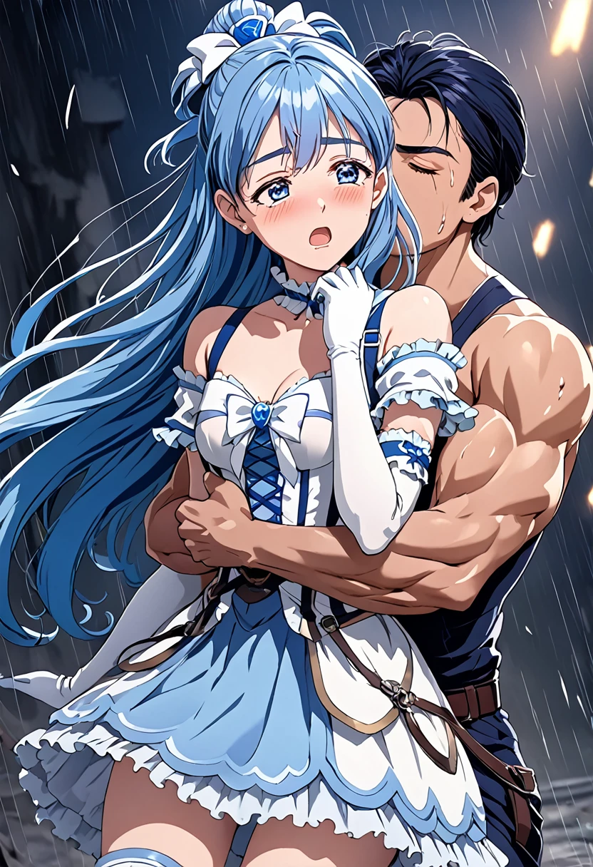 (Suffering from being held by a muscular man:1.5)、Cure White,Chest ribbon, mini skirt, white choker, thigh straps, elbow gloves, detailed hair and outfit, long flowing blue hair, white and blue frilly dress, white gloves and boots, blushing, feeling pain, suffering from arm being bitten by enemy, dynamic and intense scene, background with sound waves, eyes closed, masterpiece, best quality, highly detailed background, perfect lighting, (beautiful, best quality: 1.1), masterpiece, perfect eyes, (beautiful), (erotic: 1.2)