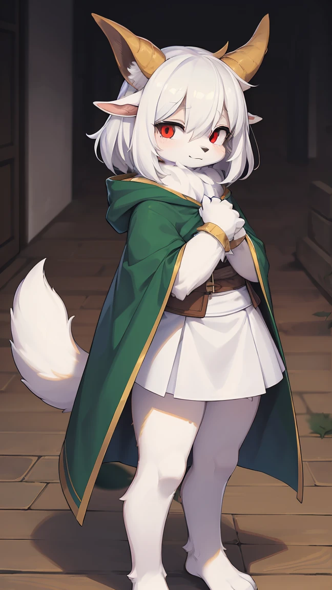 Rori the fox, riding on wolf, was hairy, shaggy, skin fur, smooth lashes, white fur, forelimb hands, straight long white hair, solid circle eyes, ((goat horns)), white facial fur, shiny hair, red eyes, super cute face, 1goat tail, fluffy tail, furry tail, glowing eyes, green cloak, white skirt, standing, sad face, ambient light, ultra-fine fur, dashed eyes, full body, masterpiece, high quality, high-details, best quality, wide short, (((solo)))