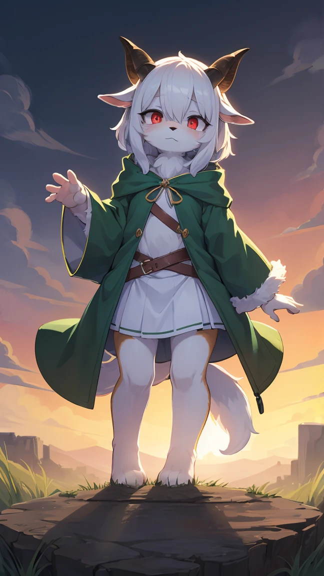 Rori the fox, riding on wolf, was hairy, shaggy, skin fur, smooth lashes, white fur, forelimb hands, straight long white hair, solid circle eyes, ((goat horns)), white facial fur, shiny hair, red eyes, super cute face, 1goat tail, fluffy tail, furry tail, glowing eyes, green cloak, white skirt, standing, sad face, ambient light, ultra-fine fur, dashed eyes, full body, masterpiece, high quality, high-details, best quality, wide short, (((solo)))