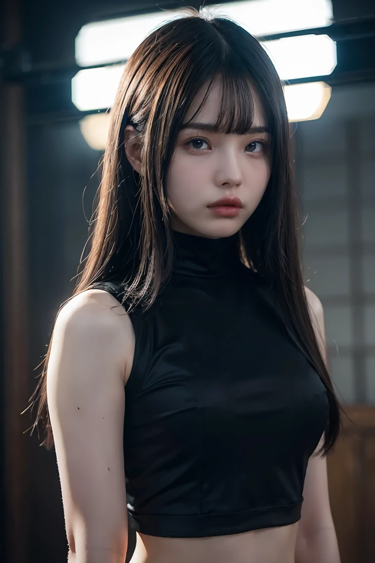 A girl with pale skin and long, straight black hair. large and dark eyes , with an intense and enigmatic expression. wearing the orphan movie clothe style, with a more elegant and sophisticated touch, something that matches her mysterious and strong personality. Overall, her appearance would be striking, attracting curious and intrigued looks. flat chested, cinematic lighting, chromatic aberration, backlighting, masterpiece, high details, high quality, 4K.
