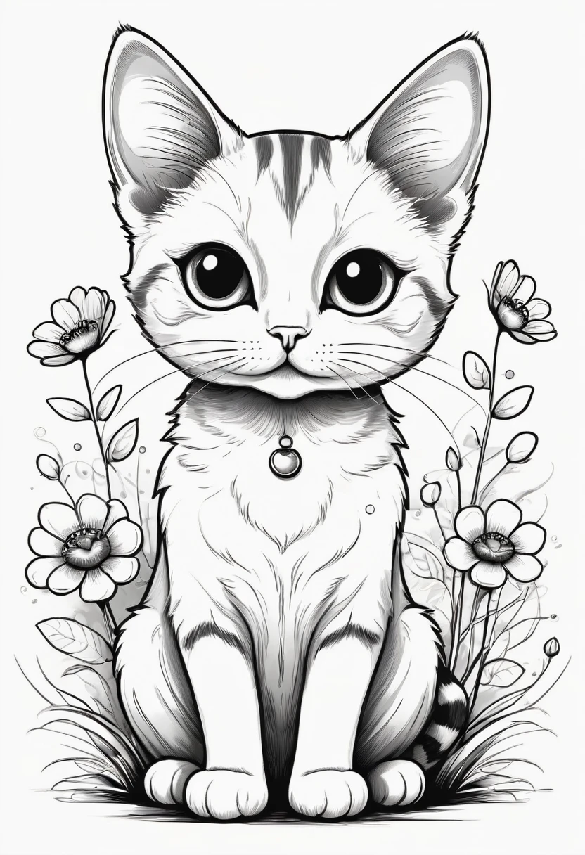 A delightful black and white line art and straightforward illustration of an adorable cat with oversized expressive eyes. The cat is sitting contentedly with its paws under its body, wearing a little smile. Surrounding the cat are two simplistic flowers, One on Each Side. A whimsical butterfly with simple wings hovers above the cat&#39;s head. The illustration is composed of bold, black lines on a clean white background, providing a fun and engaging coloring experience for children., illustration