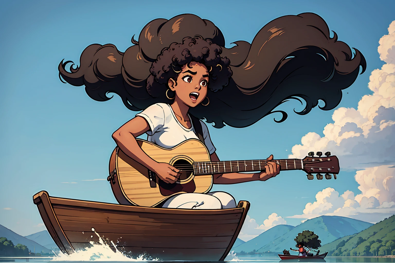 A chubby indonesian woman with afro hair and curly horizontally, rowing a boat in the centre of lake during hot days, sweats, a skinny guy with big teeth play a guitar and singing. background a serene lake