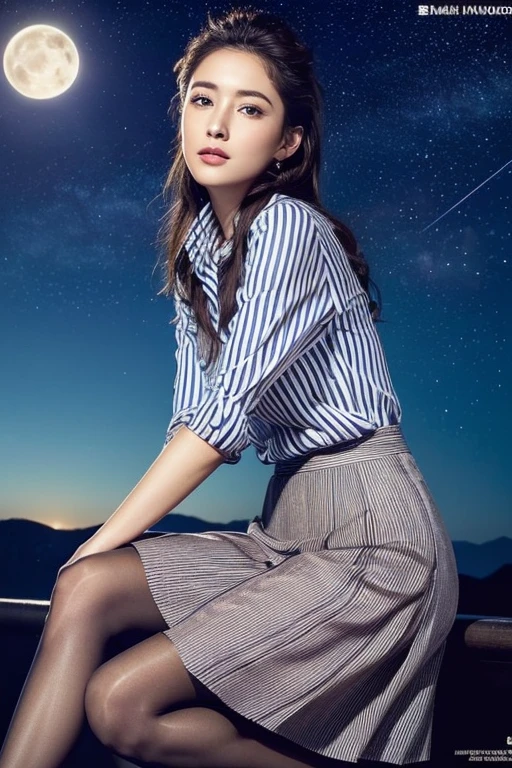 Super hot and gorgeous (((European women)))、actress、Fashion Model、Magazine Model、A beautiful woman、(8k, Highest quality, Ultra-high resolution、masterpiece、Raw photo)、Portrait, Ultra high resolution raw color photos, Professional photos、(Realistic, Real photo),(1 person)、(Delicate face、Detailed face and eyes、High definition eyes、double eyelid、Glossy lips)、グラマーなEuropean women、Full body image, Glowing Skin、Large Breasts、Sharp long legs、(Happy expression)、(Collared shirt)、(Striped midi skirt:1.3)、(silk pantyhose:1.2)、High heels、Sitting pose, High-definition skin texture、(Night in the background、Wind、Starry Sky、moon)、((Perfect body、Perfect Anatomy、Anatomically correct))
