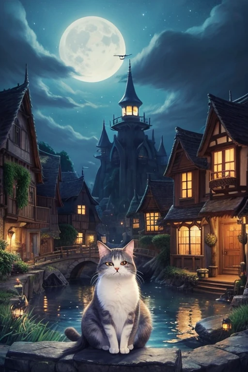 Create a Ghibli-style cat,
Description: A mystical village bathed in moonlight,
Cat features: Large eyes, fluffy fur, graceful movements,
Actions: Watching over the village, visiting people's dreams at night,
Background sounds: Gentle wind, distant chimes,
Story themes: Friendship and adventure, personal growth,