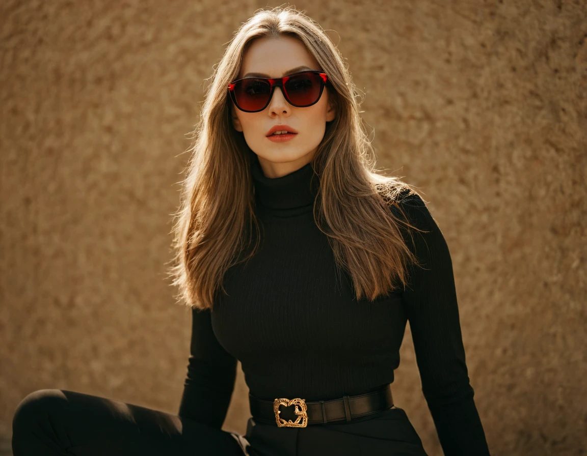 Photo, (sharp focus:1.2), (masterpiece), beautiful evil slavic muscular woman, pale skin, long dark blond hair, cinematic film still, stylish black and white photo, geometry, sunlight, feminine elegant girl in sunglasses with red glasses, black turtleneck, black jacket, wide black trousers, wide belt, (sharp focus on the face:1.3), (detailed), photographed on a Kodak box camera, (hyper realistic:1.4), lifelike texture, (intricate details, hyperdetailed:1.15) (skin texture:1.2), cinematic, professional, 4k, (((dynamic model pose))), sitting, full body, mesmerizing, dynamic, dramatic, dynamic pose, highly detailed skin with hair, subcutaneous veins, light and shadow play, highly detailed,24mm photograph, bokeh, professional, 4k,