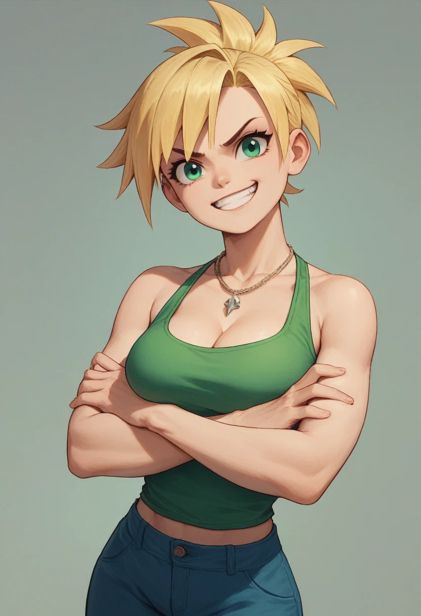 blonde girl, green top-tank, blue pants, spiky bangs, spiky ponytail, grin, crossed arms, necklace, bangs, green eyes, 3d, bare shoulders, cleavage