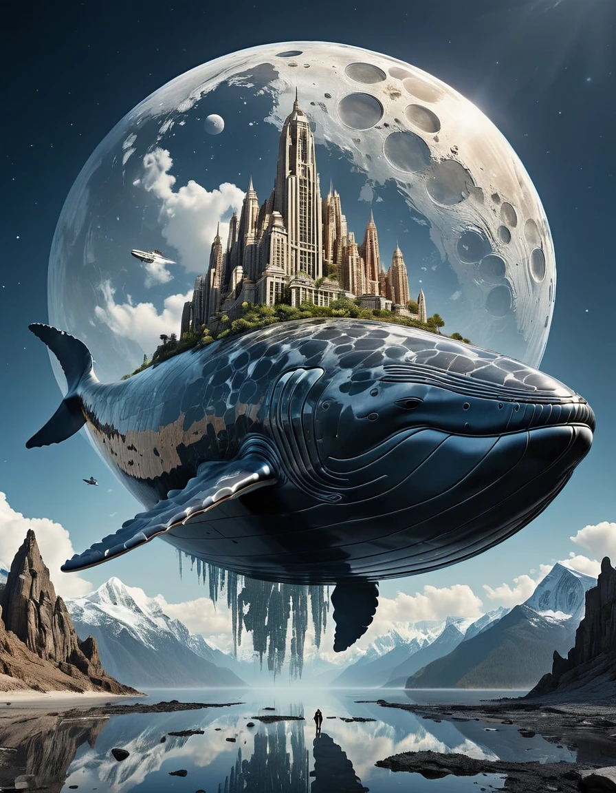 Panopticon Upside-Down: Double Exposure fossil of whale in action, star wars, in the style of olympus af-1 (aka olympus infinity) of Echoing Void, Whispered Features, Land's Legacy, integrating the moon land, mountains with skyscrapers and holographic Astronaut, evoking the legacy of the land within the human spirit