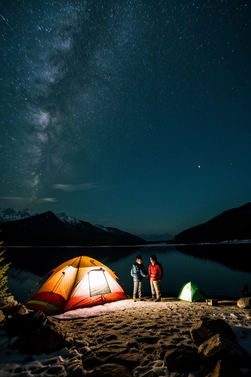 Two boys went camping in the mountains at night,Jackets,Fully equipped,The moonlight is bright