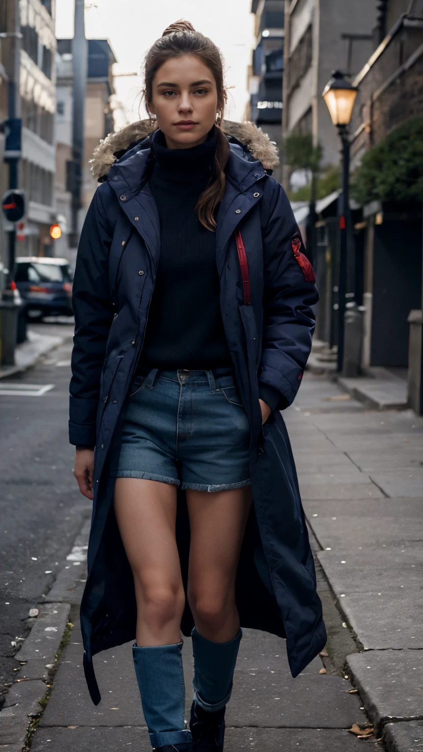 a parka jacket, long and padded, in navy blue with red veins, athletic, outdoor, fashionable, warm, comfortable, high quality, detailed, realistic, 8k, photorealistic