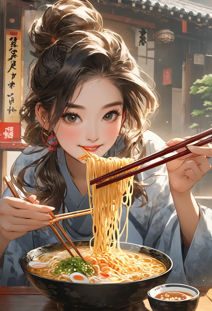 (Highest quality),Woman Eating Ramen,Use chopsticks
