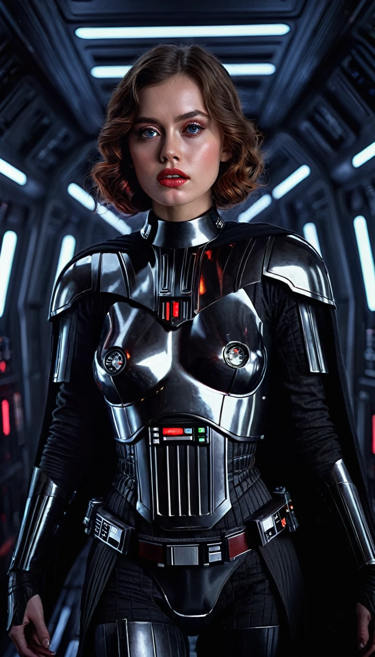 a cinematic star wars scene darth vader but as female charakter natural breasts, topless, naked , intricate detailed face, beautiful detailed eyes, beautiful detailed lips, extremely detailed face and eyes, long eyelashes, red glowing light sabber, detailed portrait, photorealistic, inside a space vessel , full body shoot, dramatic lighting, intricate armor and details, dynamic attack fithing pose, full body shot, cinematic composition, hyper-realistic, moody color palette, dramatic lighting and shadows, intricate details, masterpiece