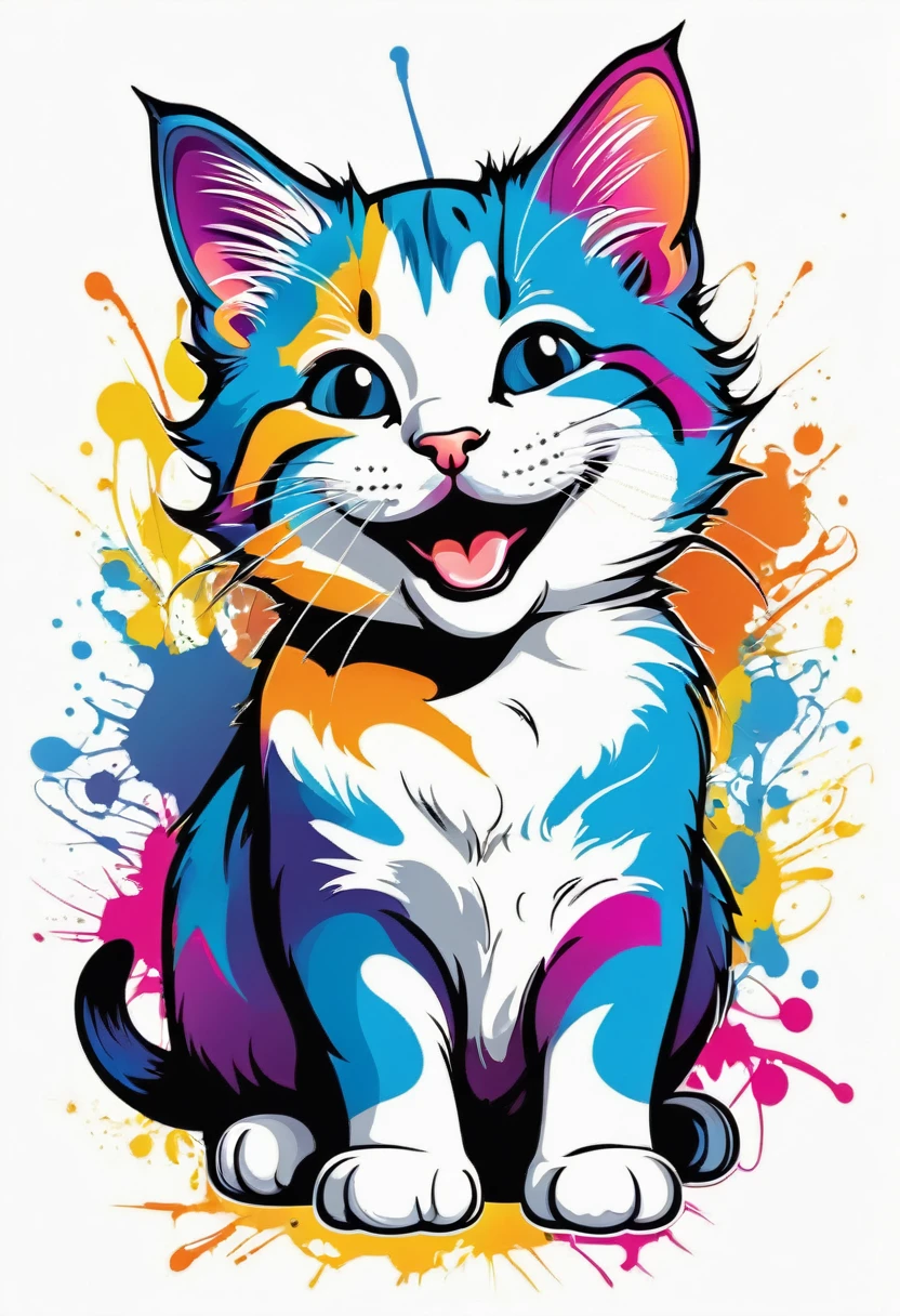 A happy multicolored smiling kitten, Estilo Graffiti-Street Art, Contour, vector, White background