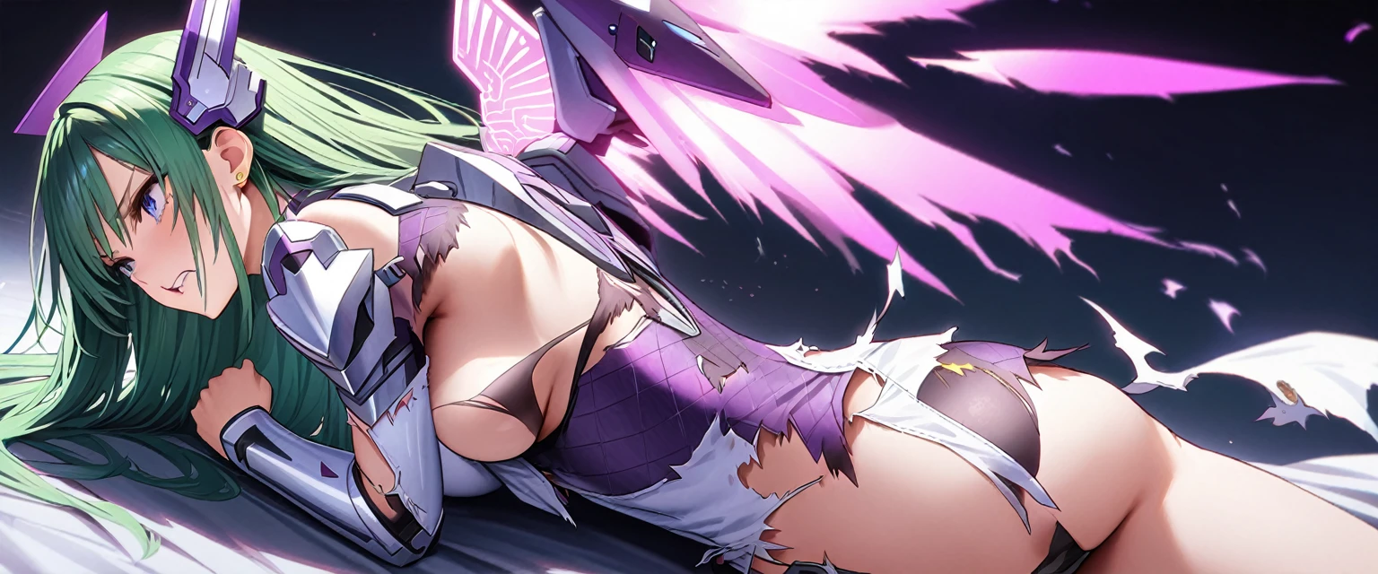 (Perfect Anatomy)、Mastepiece、Ultra High Quality、 8k、masterpiece、Highest quality、Ultra-high resolution、Maximum resolution、Very detailed、Professional Lighting、anime、woman、thin、Very beautiful face、Beautiful eyes、(Highly detailed eye)、Highly detailed face, clenched teeth, Grit your teeth、White and purple enamel high leg leotard、Purple pattern、((Cyber Armor))、Shiny Armor、White decoration、Cyber Headgear、Shoulders show skin、Golden earrings、Green Hair、long hair、Purple Eyeedium breast、Pink Lips、White cloak、With a shiny shield、Has mechanical wings on his back, fetal position, energy wings, (torn clothes:1.9)