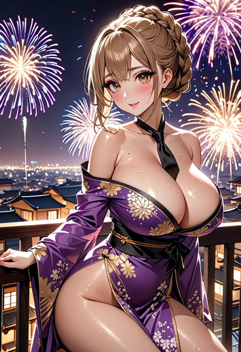 (((Highest quality, Ultra-high resolution、The most complex and detailed depiction)))、((masterpiece:1.3)), (8k, RAW Photos, Best image quality: 1.4), Very detailedな顔、Attention to detail、(Beautiful woman:1.4),(Realistic:1.4) (8k, RAW Photos,), (photo-Realistic:1.2), Very detailed, Beautiful attention to detail, (girl:1.3)Dark eyeliner、Eyelash length、False eyelashes、double eyelid、Brown eyes、Light fluorescent lip gloss, ((hostess:1.2))，(Huge breasts:1.6),、(Cleavage:1.2)、(((Light brown hair、braid one's hair、((Tie your braided hair behind your head，Put your braided hair up)))))、Gal-style makeup、Dark eyeliner、Black eyeliner、Heavy eye makeup、Eyelash length、False eyelashes、Eyelash length、Big eyes、Big black eyes、Big eyes、elongated nose、Heavy makeup、Face with gills、Spread your legs and look forward.、(((whole body)))、sexy、Glamorous Body、(Saggy breasts、Large saggy breasts)、((Sweat、Your body is wet))、((You can see the fireworks from the balcony))、(purple furisode、Gold embroidery),Looking back happily、Sit on the balcony、Beautiful nape