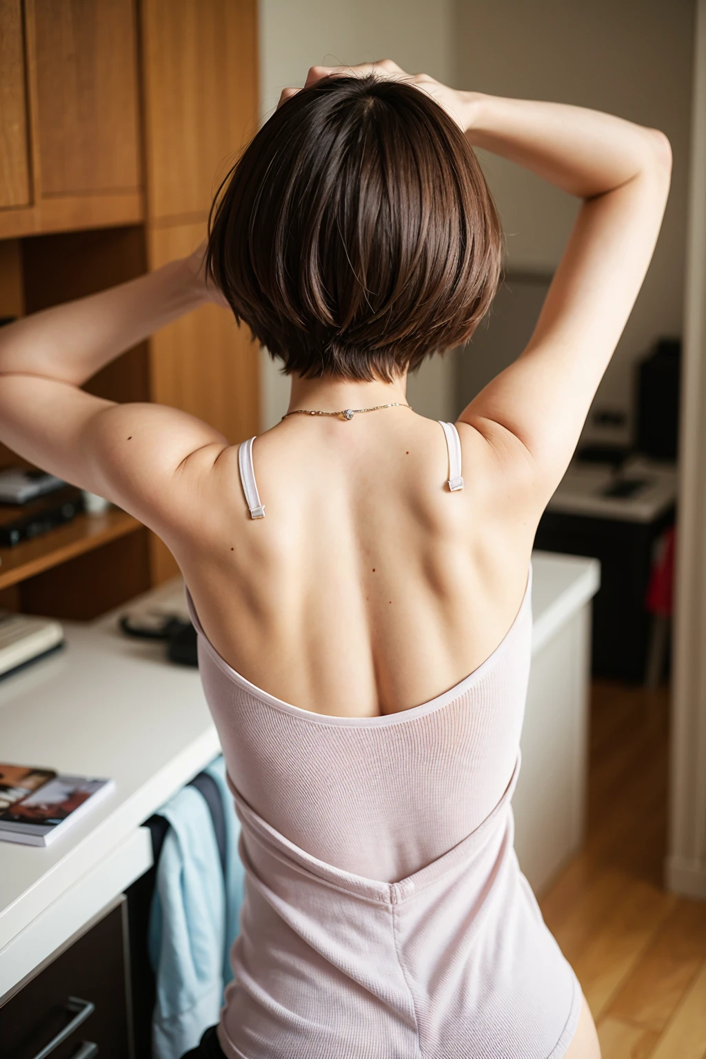 Top quality, 1 beautiful woman, super short Hair, wearing tanktop, shy-smile, back pose