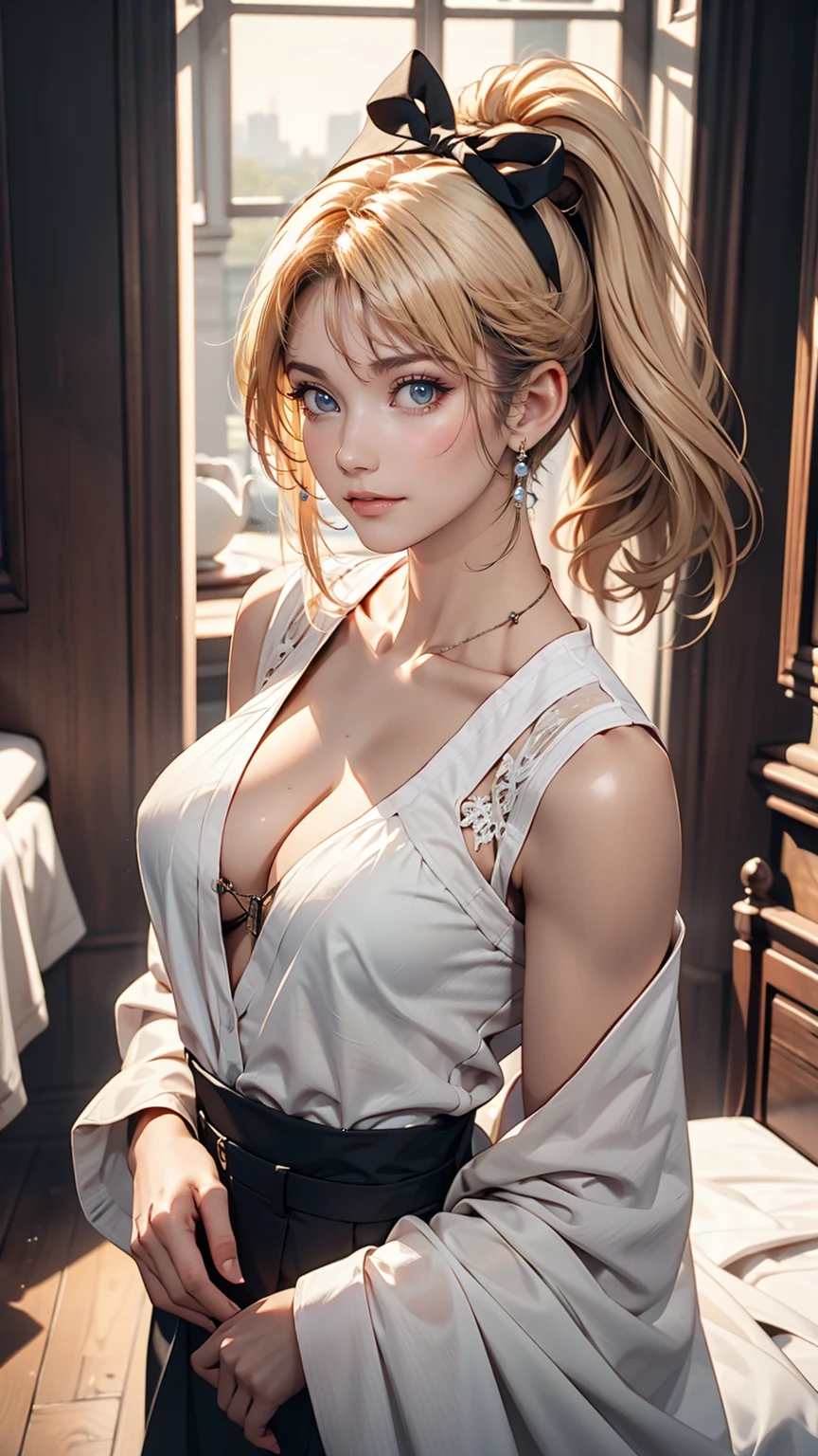 Highest quality、masterpiece、Ultra-high resolution、Chest is sideways、A 23-year-old Caucasian woman of unparalleled beauty.、blue eyes、Platinum Blonde、Iの髪はウェーブしています、I set my hair with a ribbon、A slim yet well-proportioned model figure、The sun shines from above、Photorealistic images、8K quality、I don'I don't want my head to disappear from the screen..、Wear accessories on your wrist、necklace、Earrings、Wearing a belly jacket、Wear a tight skirt、Wearing high heels、I'On the rooftop of a 200m high-rise building, her skirt and hair are blowing in the wind.、smile、My heart is pounding、Lean on the railing