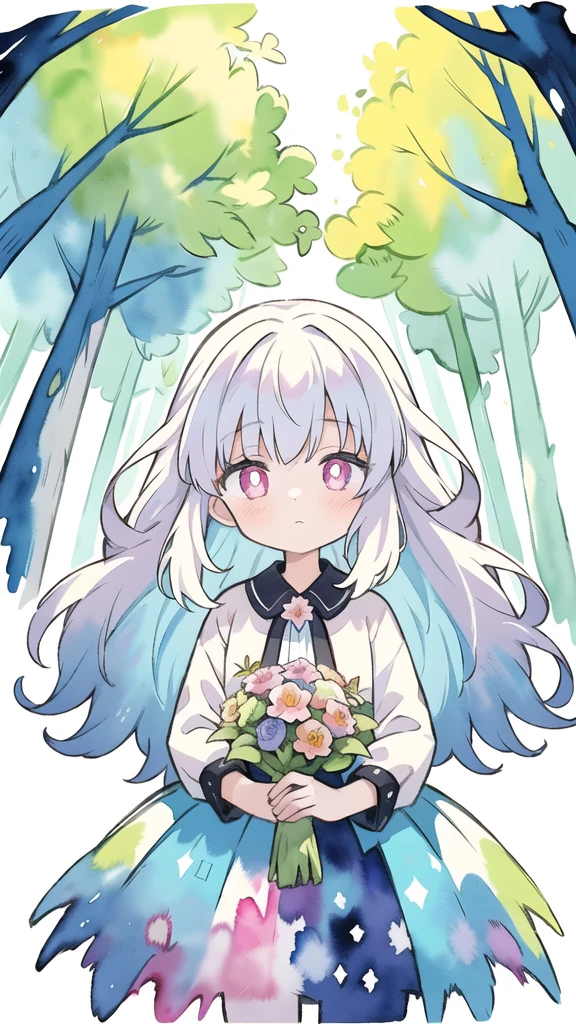 masterpiece, best quality, girl with bouquet, empty pupils, ethereal magical atmosphere, cabin, forest, unique, peaceful, colorful, (watercolor \(medium\), drawing, IrisCompiet:1.2),