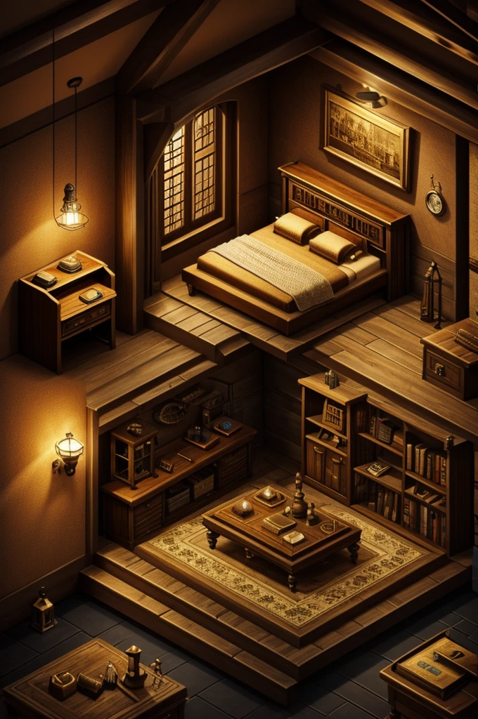 Isometric room, attic room with steampunk theme