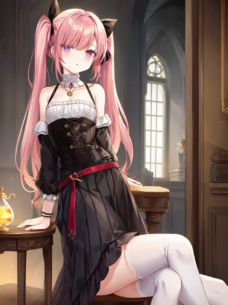 In a large mansion, in a steampunk world, in a sunset, sitting in a chair crossing her legs, nostalgic, looking at the horizon, a beautiful 18 year old woman, /(Pale white skin, extremely long pink hair combed in two pigtails and a lock over the left eye, violet eyes,), /(Hourglass shaped body, medium hips, medium waist, shapely legs, large chest, small hands, slender fingers, Greek nose, almond eyes,), (Victorian style clothing: black blouse with corset covering entire torso fastened with threads, short skirt with gray pleats and back pigtail, knee-high stockings, black knee-high boots, bow on head, rings on fingers, necklace, bracelets on wrists,),