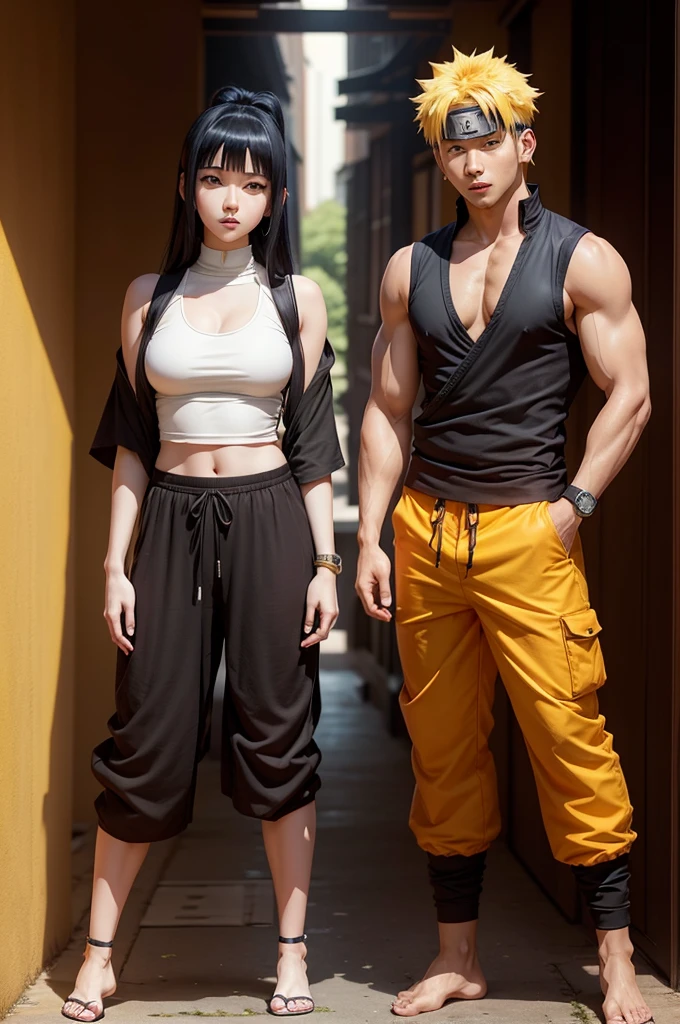 Hinata hyuga wearing ligerings and Naruto uzumaki wearing half pant, standing side by side to each other looks romanticly, making hot sexy pose