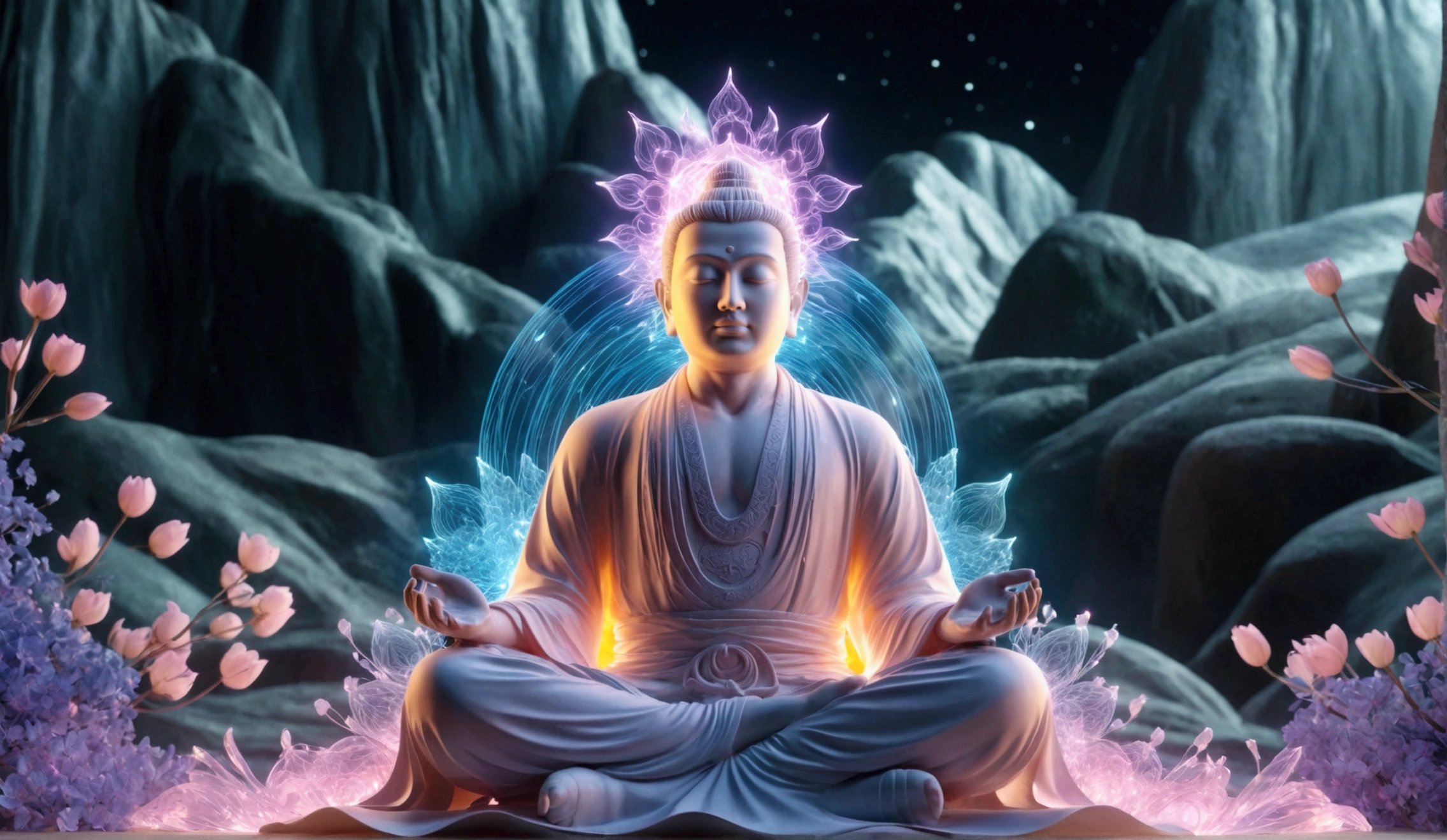 (Best quality, masterpiece), (magic, charm, Wireframe transparent 3d model:1.2, white transparent 3d model of a meditating man:1.2, surrounding aura radiates brilliantly like magic:1.3 , meditating with eyes closed:1.3, (Extremely detailed, dynamic camera), (Wide viewing angle), extremely sharp images, (celestial illumination), (vivid colors and storminess air), shimmering cyber light, dynamic light, góc nhìn rộng, toàn cảnh cõi tiên:1.3 
