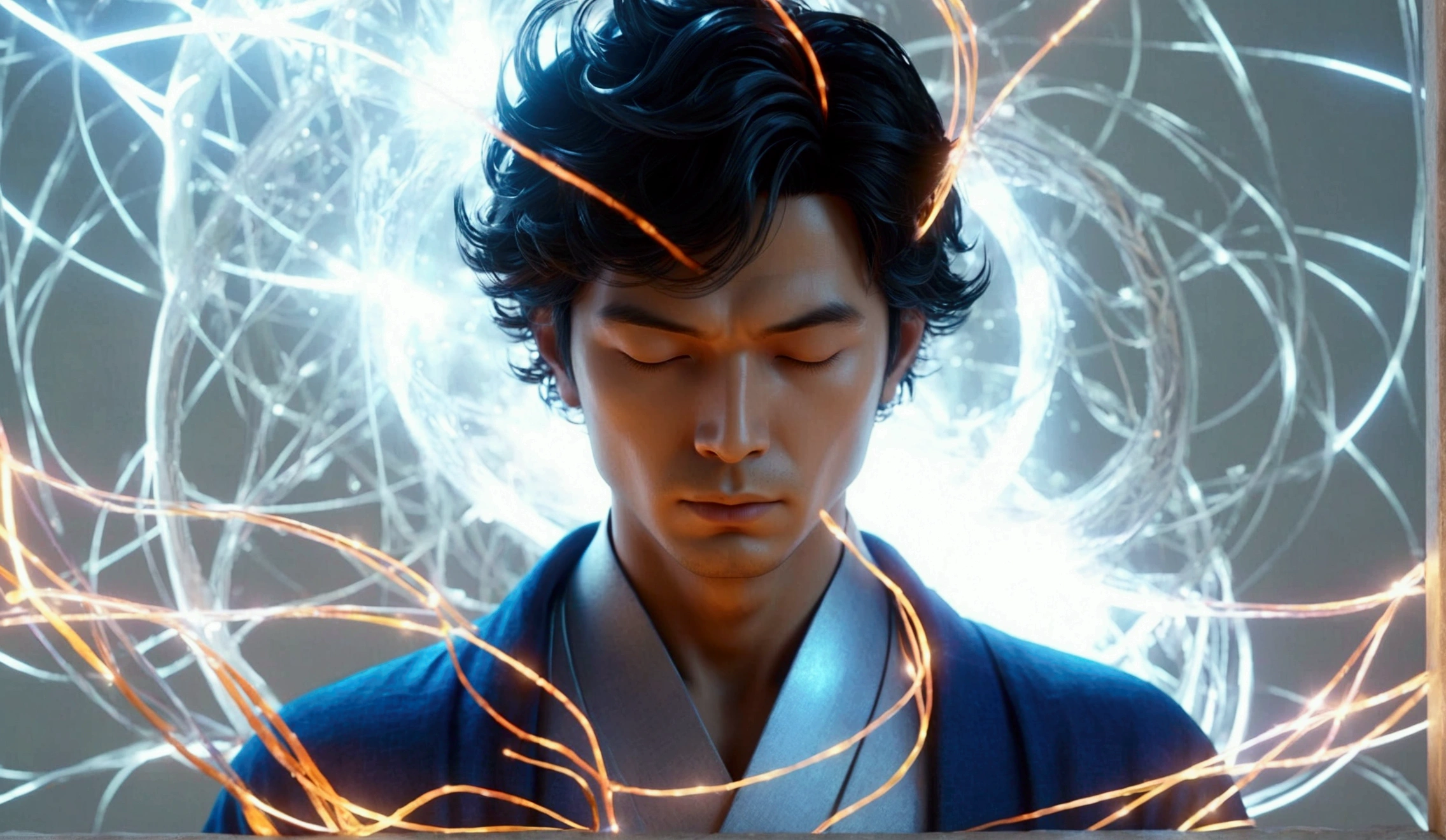 (Best quality, masterpiece), (magic, charm, Wireframe transparent 3d model:1.2, white transparent 3d model of a meditating man:1.2, surrounding aura radiates brilliantly like magic:1.3 , meditating with eyes closed:1.3, (Extremely detailed, dynamic camera), (Wide viewing angle), extremely sharp images, (celestial illumination), (vivid colors and storminess air), shimmering cyber light, dynamic light, góc nhìn rộng, toàn cảnh cõi tiên:1.3 
