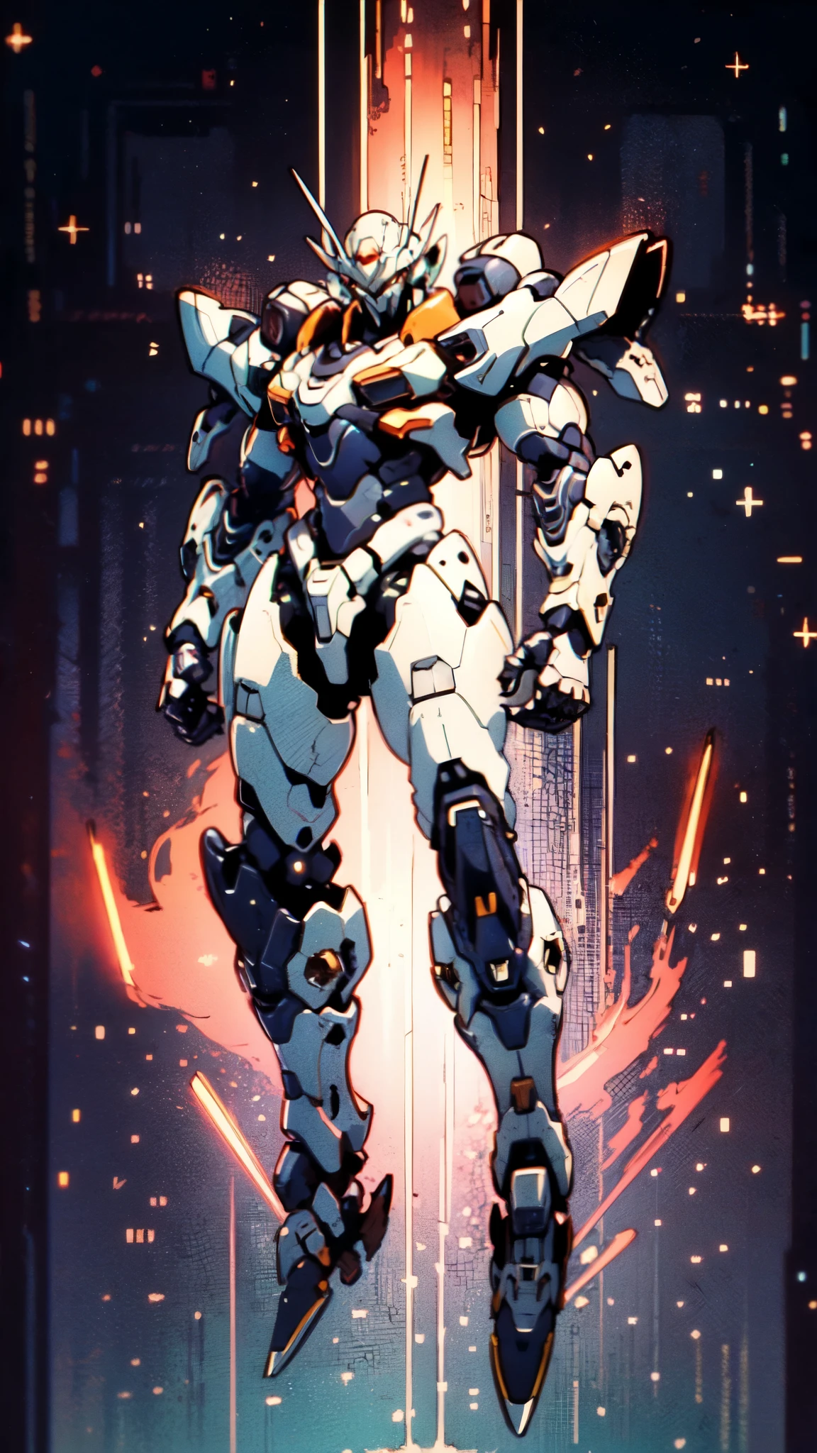 (masterpiece:1.5, best quality:1.5, extremely delicate:1.5), humanoid Mecha, fully enclosed shoulder guards, matching arm and leg guards, full body, full armor, the design balances heavy with agility, (the color scheme is primarily white with red and blue accents, the concept Inspired by Super robot, organic biotech armor, standing, floating high above the futuristic sci-fi city), exquisite and mature art style, (aura effect, energy, glowing eyes, the armor glows), metallic, dramatic, high definition, highres, ultra-detailed, ultra-fine painting, professional, perfect body proportions, anatomically correct, symmetrical face, extremely detailed eyes and face, high quality eyes, creativity, RAW photo, UHD, 32k, Natural light, cinematic lighting, masterpiece-anatomy-perfect