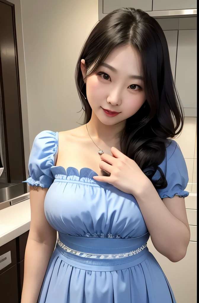 Beautiful, mother-in-law, japanese, voluptuous, smocked dress, in the kitchen, seductive expression