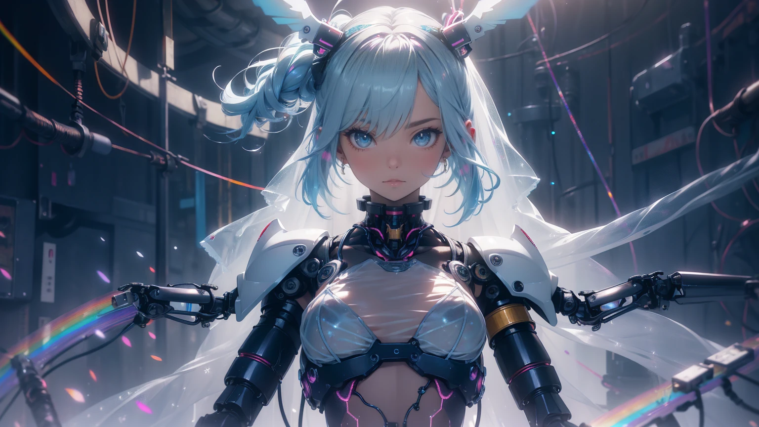 (quality)), ((masterpiece)), Recommended results、Puffy nipples、(see through:1.5)、straighten your back、abdominal muscles、huge bust、angle to floor:1.2、low camera angle、Hair loss on crotch，hatsune miku，super detailed)), (Very detailed CG illustrations), ((extremely delicate and beautiful)),(1Mechanical Girl)),alone,whole body,(Machine made joints:1.2),((mechanical limbs)),(Flashing blood vessel points connected to tubes),(Mechanical vertebrae attached to the back，with flowing glitter.),((Flowing rainbow fixed around neck)),poker face,(wires and cables attaching to neck:1.2),(Rainbow wires and cables on the head:1.2)(Character focus),,Very detailed,rich and colorful,most detailed，angel，Wings stretched out from behind