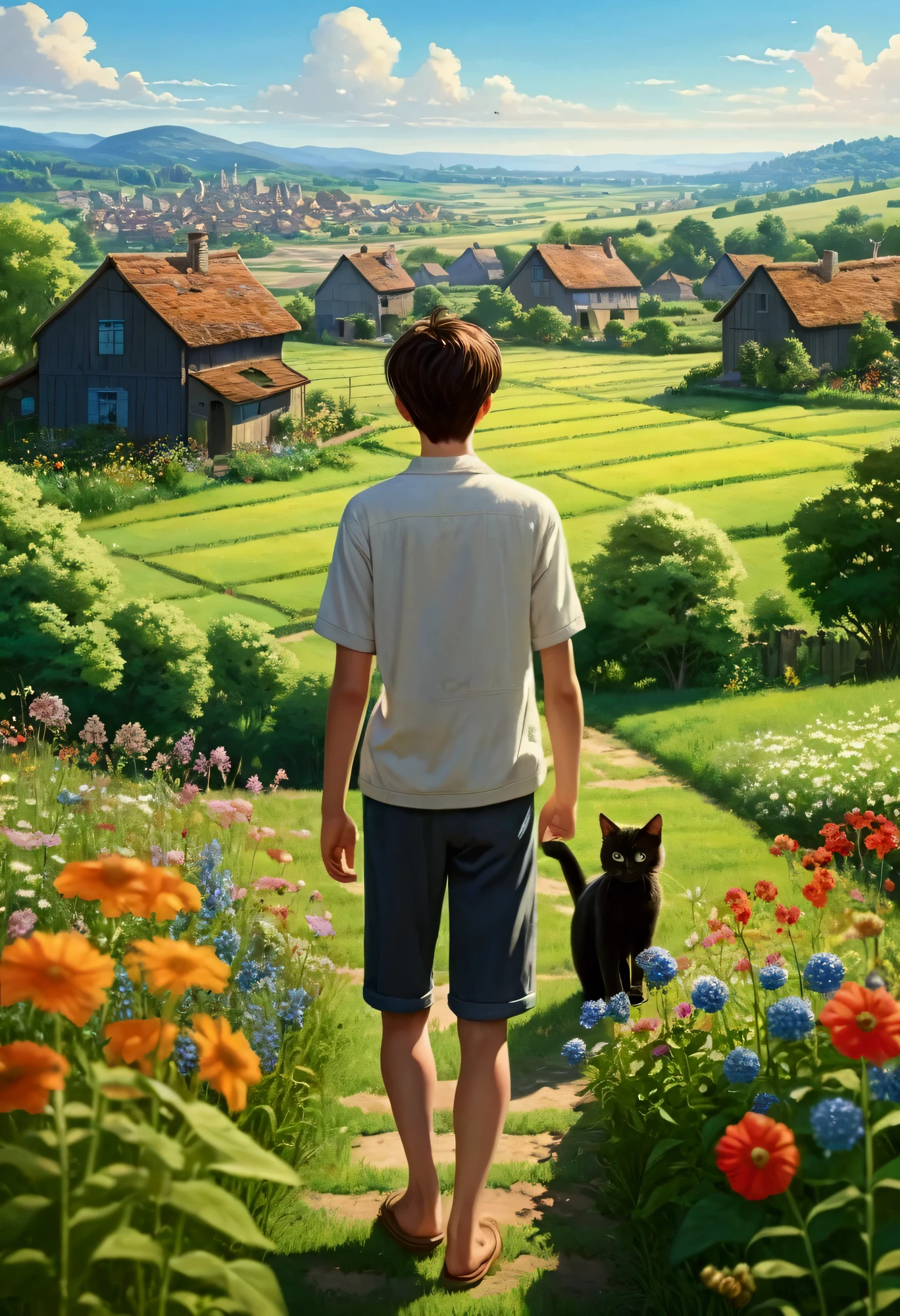 Peaceful world scenery, Wildflowers, wood, The sun shines in the blue sky, Houses and fields can be seen in the background, In the distance, A young man with short dark brown hair and light-colored clothing、Admire the view with a black cat。, first work, high quality, Serene garden landscape style.