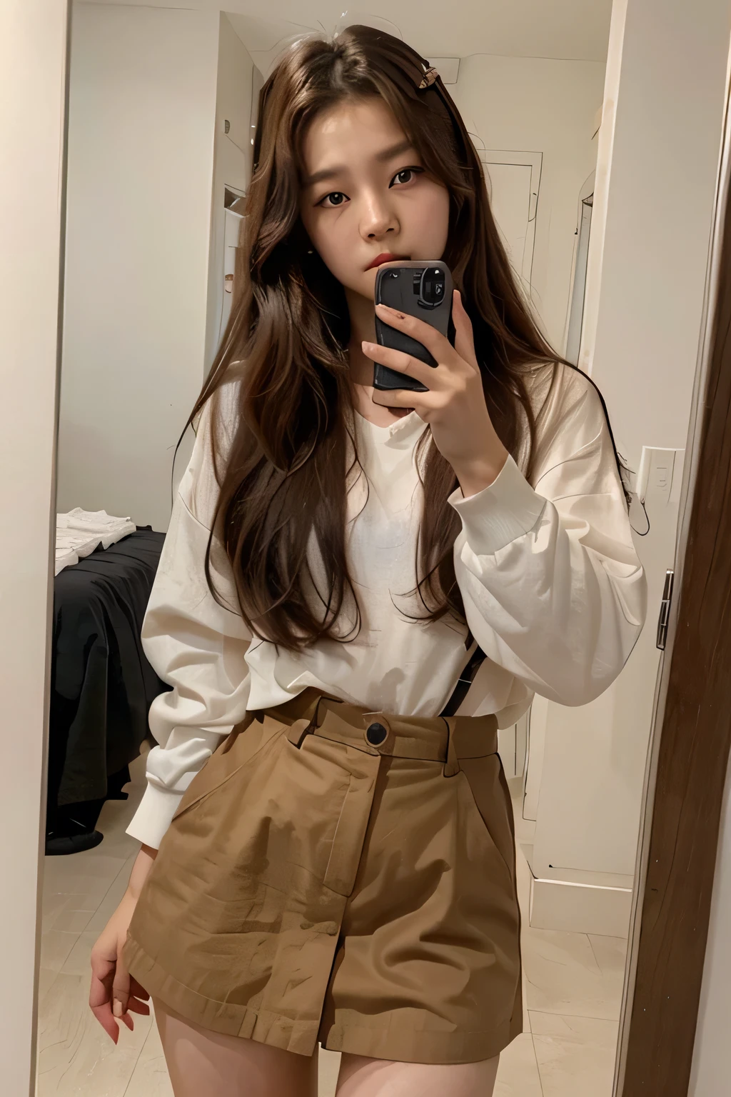 A realistic selfie of a 20 year old Korean girl with long brown hair that looks like Hyunjin from loona