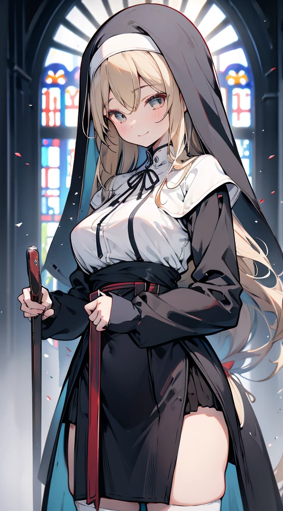 nun，nun服，黑白nun服，Colored hair，nun头巾，Big breasts，Full of figure，Close-up above the waist，Upper body close-up，Church Background，Stained window glass，Mosaic art background，nun，高开叉nun长袍，黑白Knee socks，黑白Knee socks，Knee socks，黑色过膝Silk socks，Silk socks，情趣nun服，High slit robe，New slit skirt，Silk socks，Knee socks，Flesh，nun长袍，Robe hem，Robe hem，Long hem robe，Front of robe，Long skirt，Long skirt，Long skirt，Long front robe，Front of robe，Side of the thighs，Long blond hair，blond，cute，gentle，Smile，慈爱的Smile，Wide crotch，Wide crotch，Thin waist，Flesh大腿，Robe front hem，Front swing of mopping