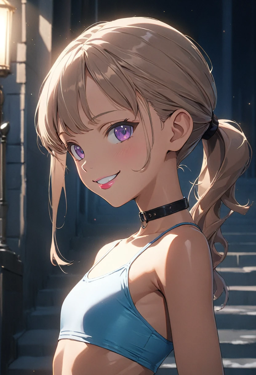 ((Masterpiece)), ((best quality)), (Anime), ((kawaii)), ((extremely detailed)), 4K, (8K), (super detail:1.2),(High Definition:1.3), (Professional Photography:1.2), (wide shot), cinematic lighting, (very aesthetic:1.2), (absurdres:1.2), (sharp focus), (perfect light), (()), 1girl, (naughty smile), (Glossy lips), upper body, (Healthy and toned body), slim body, looking at viewer, (loose bikini top), O-ring, bare arms, (swept bangs), low ponytail, ((loose cute pants pull up with hand)), choker, pale brown hair, small breast, cute hips, gothic makeup, (mist effect:1.3), (on the steps of a building),