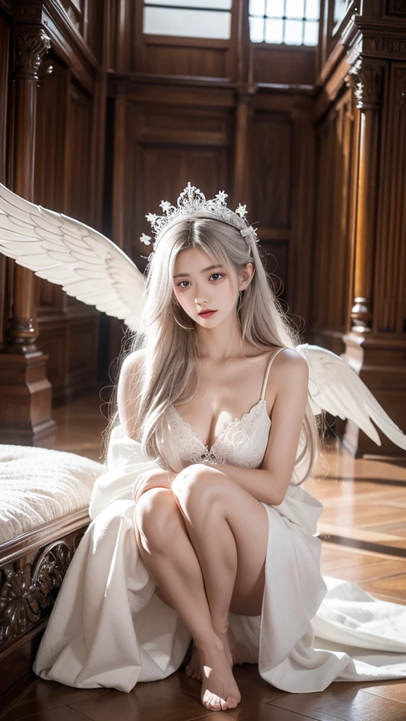 
“A highly detailed 21yo girl of an angel with a modern twist. The angel has long, flowing white hair and large, intricately carved large wings, natural medium breast,wear a white cloth. She is crouched down on a wooden ornament room, exuding a sense of calm and contemplation. Her expression is serene yet slightly melancholic. The background features Gothic architectural elements, enhancing the ethereal and slightly rebellious atmosphere of the scene.”
