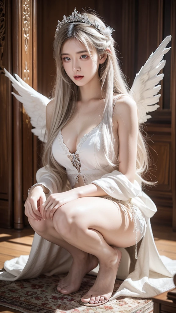 ultra high resolution, highest quality, photograph, 4K, (photographrealistic:1.4), cinematic lighting, (european:1.5)、white angel of the lord, (with large translucent wings,,:1.5), fine plumage, cyberpunk environment, (Snow and ice environment on background:1.5), (Ice Cathedral:1.2), Portal of the future, volume light, HD, magic, sacred light, Backlight, (detailed face), contrasting、(golden hair)、(sitting on a large and magnificent throne)、(spread your legs:1.3)、(Show me your white panties:1.3)、(At SFW)