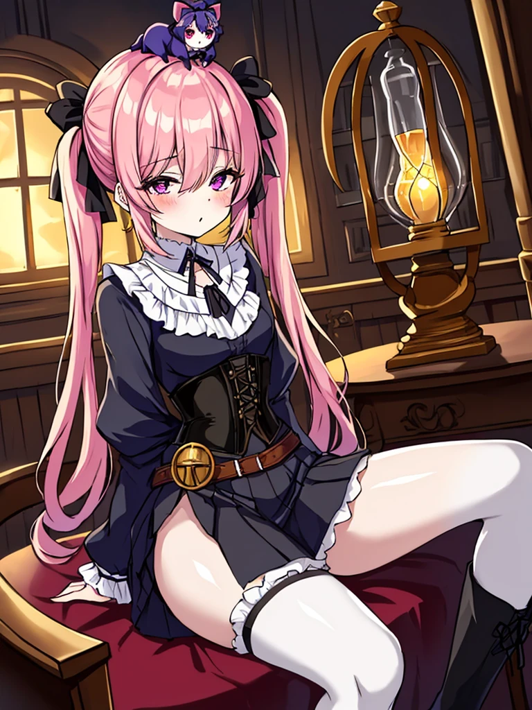 In a large mansion, in a steampunk world, in a sunset, sitting in a chair crossing her legs, nostalgic, looking at the horizon, a beautiful 18 year old woman, /(Pale white skin, extremely long pink hair combed in two pigtails and a lock over the left eye, violet eyes,), /(Hourglass shaped body, medium hips, medium waist, shapely legs, large chest, small hands, slender fingers, Greek nose, almond eyes,), (Victorian style clothing: black blouse with corset covering entire torso fastened with threads, short skirt with gray pleats and back pigtail, knee-high stockings, black knee-high boots, bow on head, rings on fingers, necklace, bracelets on wrists,),