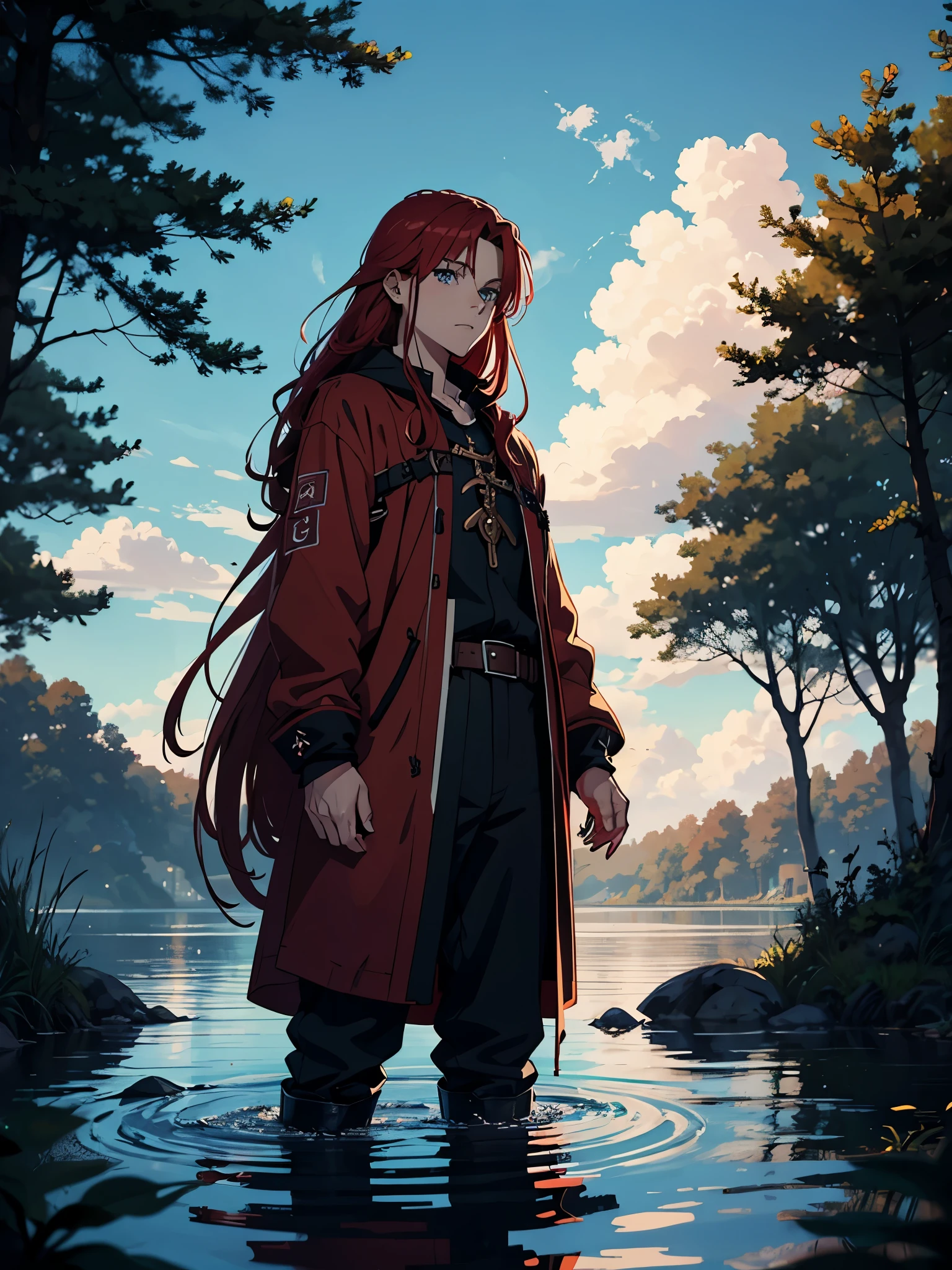 Anime stil. Flach. 2D. Glow. Anime. Mehr Anime. Vikinger kleidung. soft. More anime. Standing in a lake. More anime. More 2D. Clean. More anime. 2d. Glow. Red hair. More anime. male. Long hair. long red hair. boy, vikings. red hair. Blue eyes. fire. 