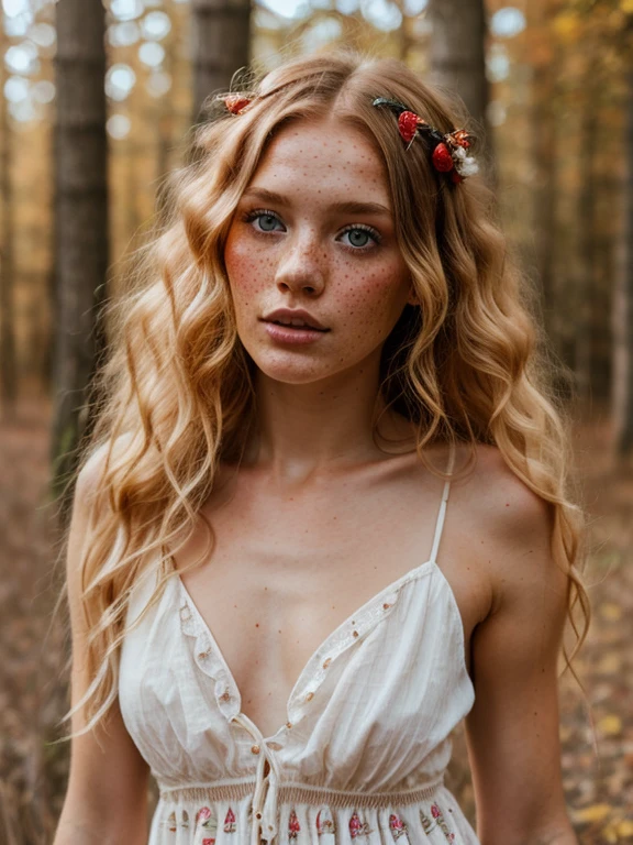 Bright, strawberry blonde-haired, with freckles. The sun, the autumn forest, fantastic beauty. Curls. wearing a boho summer dress Ultra-detailed dreamlike, photography  8K resolution image, translucent and ethereal.