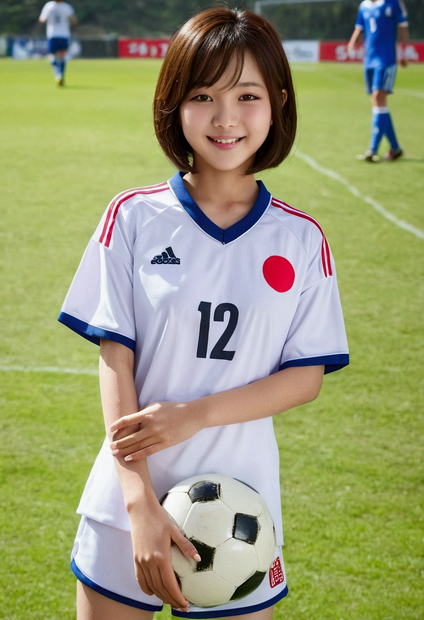 (masterpiece,highest quality,超A high resolution),japanese woman, (((Very beautiful 12 year old girl))), pretty girl、look at the photographer、 ((short hair)), super cute face, glossy lips, double eyelids in both eyes,natural smile、 natural makeup, long eyelashes, Shiny and smooth hair、center image, perfect limbs, perfect anatomy,(((soccer uniform)))、(((turn around and look back)),(wet with sweat),,big ass,stick out your butt
