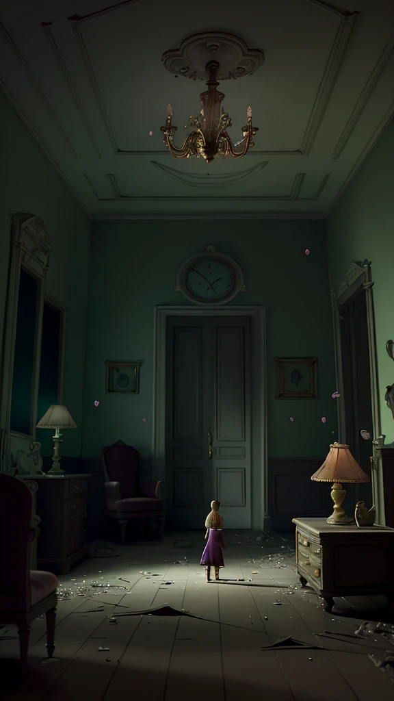 Inside the mansion, the children see broken furniture and cobwebs everywhere, with a faint glowing light coming from one of the rooms."