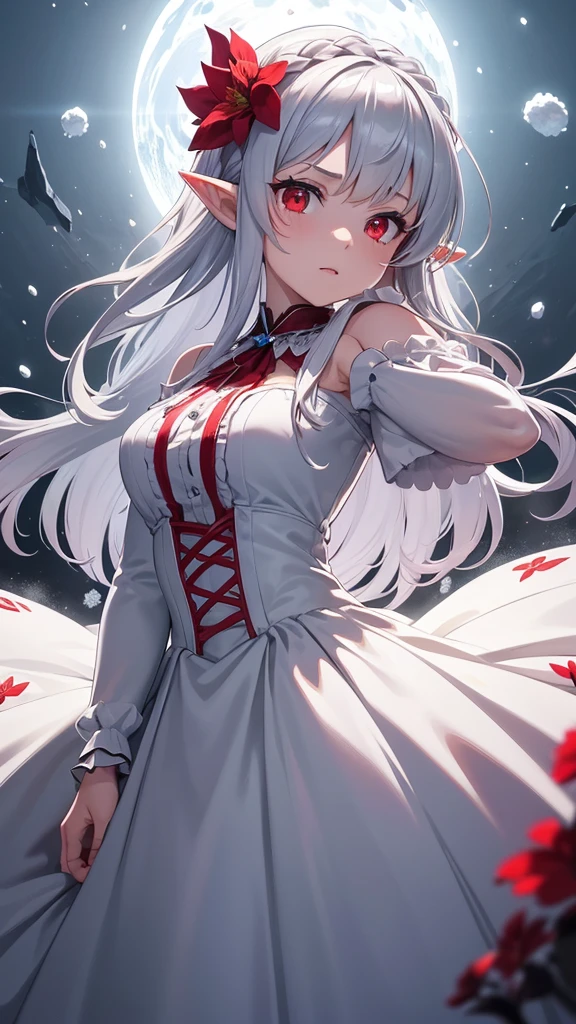 {{Masterpiece}},Best Quality,Very detailed,Extremely detailed CG unity 8k wallpaper,illustration, 1 girl, Red eyes, wavy silver hair, pointy ears, Vampire, dress, collar, hair flower, snow, ice, whole body, shooting,high closeup, Very detailed,center frame,sharp focus, looking at the viewer, by the floating,