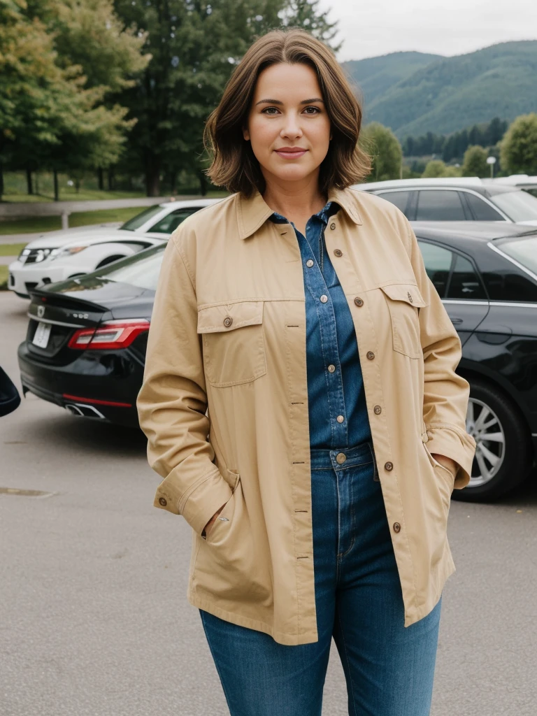 Madeline Lewis, 1girl, solo, (((consistent face and image))), ((brunette hair)), ((cranky hair)), ((40 years old chubby)), realistic, photorealistic, ((short hair)), (((Caucasian mature woman))), (Swiss woman), (Swiss nose), (Swiss thick lips), ((chubby)), posing outside the parking lot of France, smirking, standing, wearing In style in trend Generation-Z modern wear different colored, showing small uncanny teeth, leaning, standing