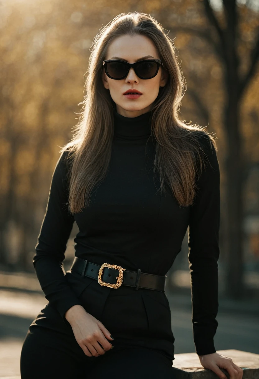 Photo, (sharp focus:1.2), (masterpiece), beautiful evil slavic muscular woman, pale skin, long dark blond hair, cinematic film still, stylish black and white photo, geometry, sunlight, feminine elegant girl in sunglasses with red glasses, black turtleneck, black jacket, wide black trousers, wide belt, (sharp focus on the face:1.3), (detailed), photographed on a Kodak box camera, (hyper realistic:1.4), lifelike texture, (intricate details, hyperdetailed:1.15) (skin texture:1.2), cinematic, professional, 4k, (((dynamic model pose))), sitting, full body, mesmerizing, dynamic, dramatic, dynamic pose, highly detailed skin with hair, subcutaneous veins, light and shadow play, highly detailed,24mm photograph, bokeh, professional, 4k,